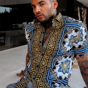 MCEDAR Printed Casual Short-Sleeve Shirt, 2XL, Blue,Black & Gold Multi